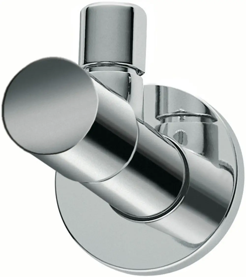 Chromfarbenes Eckventil von Ideal Standard, montiert an einer Wand, bestehend aus einem zylindrischen Ansatz und einer runden Basis mit Befestigungsschrauben.